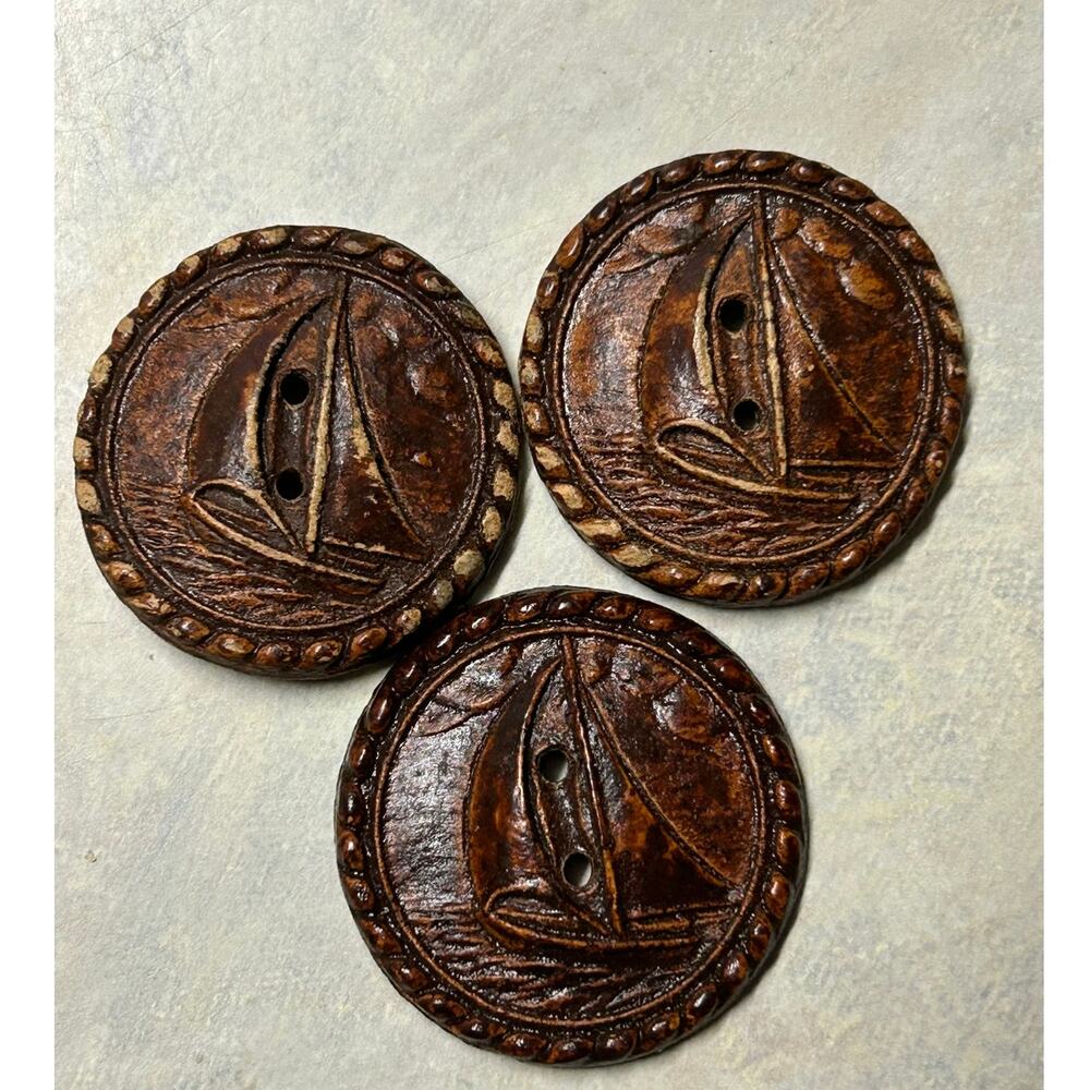 Vintage 30's-50's Burwood 2 Hole Carved Ship Buttons Set of 3 RARE